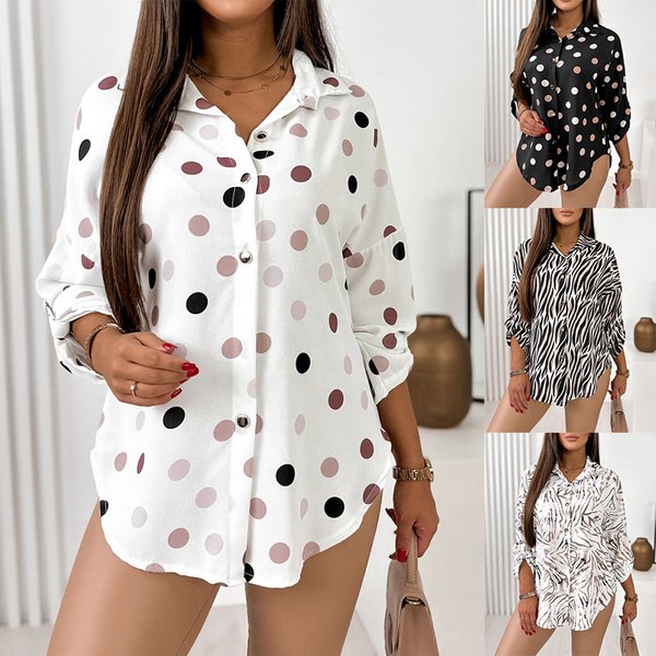 women's printed roll-sleeve loose casual shirt in stock