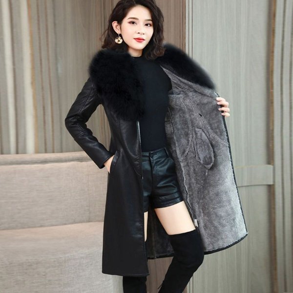 Women's Clothing Large fur collar winter leather jacket plus velvet thickened mid length new slim slim waist leather jacket