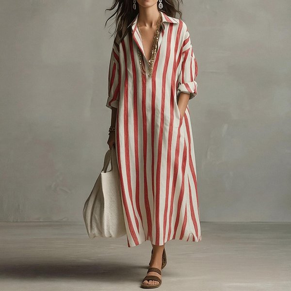 2026 Summer New Women's Clothing, Commuter Casual Loose Striped V-neck Long Dress Dress