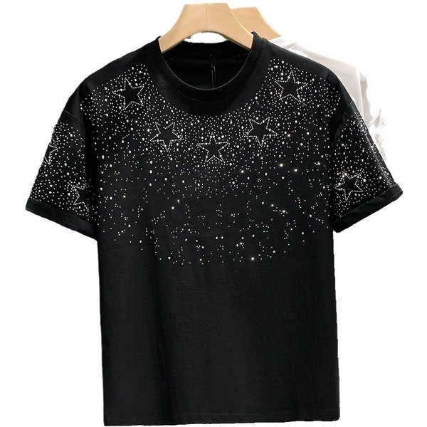 Teenage and guys brand light luxury men's T-shirt short sleeve star hot diamond net celebrity hot style high end niche half sleeved T-shirt