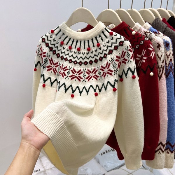 Fair Isle Knit Sweater For Women, Winter Christmas Cable Pullover With Nordic Patterns, Warm Polyester Blend In Red/Cream, S-XL Sizes-image