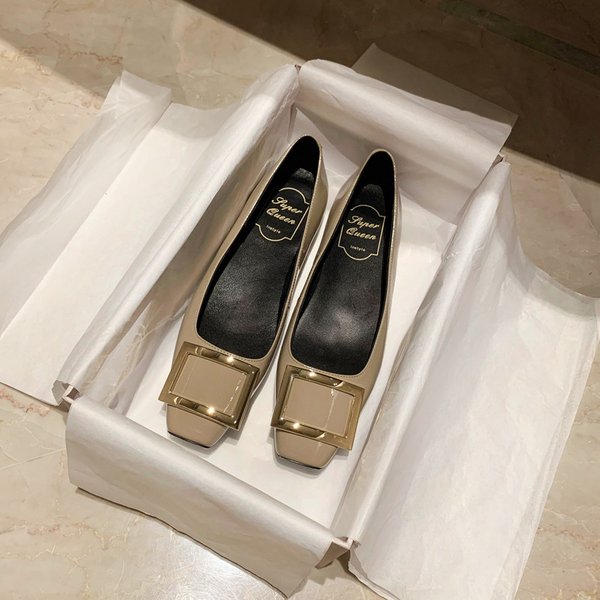 Women's Shoes Celebrity Elephant Gray Patent Leather Square Toe Square Buckle Flat Shoes Women's Flat Heel Shallow Mouth Temperament Women's Shoes-image