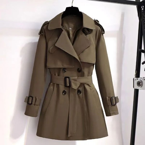 Petite Women's Trench Coat – Slim-Fit Mid-Length British Style Jacket For Casual & Office Wear, Lightweight Polyester, Belted Waist