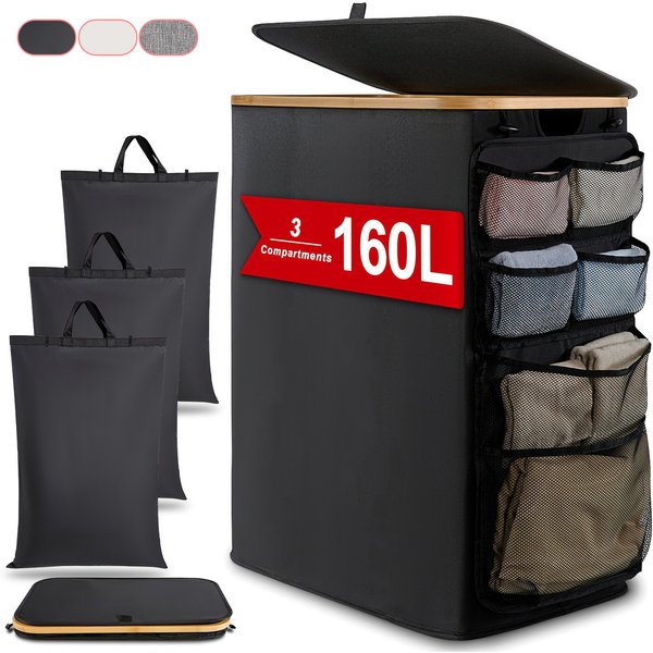 Bamboo Laundry Hamper With 3 Inner Bags – Large Capacity Multi-Compartment Clothes Organizer – Breathable & Foldable Dirty Clothes Basket