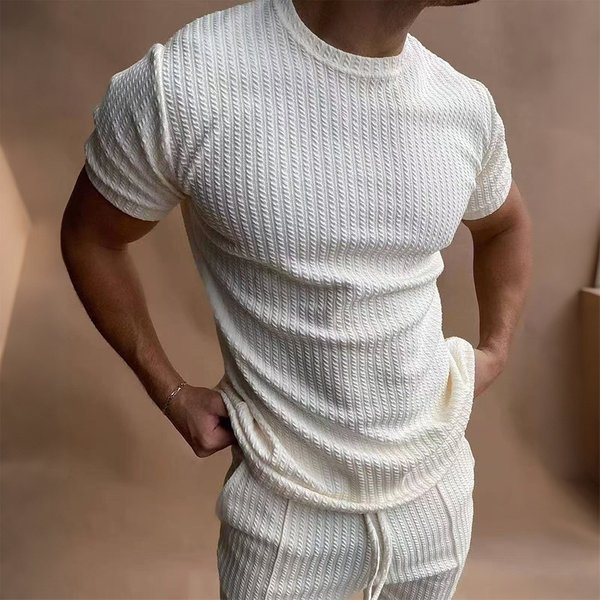 Men's Clothing Solid Color Knitwear Men's 3D Knit Short Sleeve T-Shirt & Shorts Lounge Set – Breathable, Oversized Fit, High-Street Summer Essentials