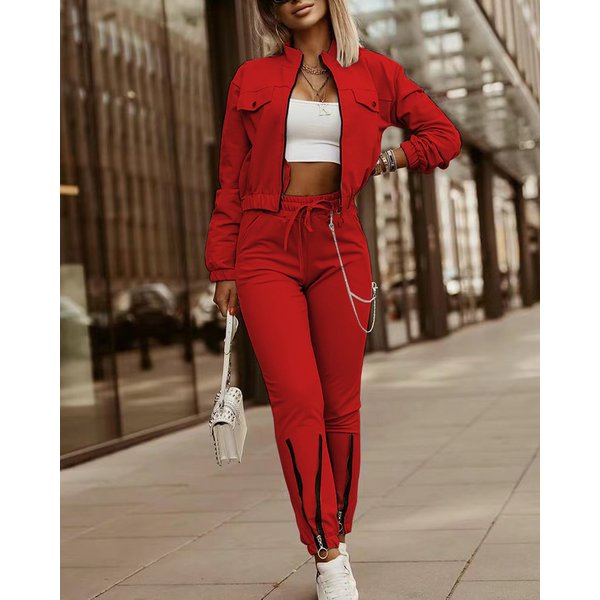 Women's new zipper design long-sleeved top + drawstring pants casual suit