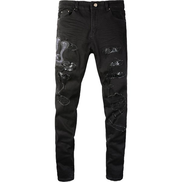 Men Snake Embroidery Jeans Skinny Tapered Stretch Denim Pants Streetwear Holes Ripped Leather Patch Patchwork Trousers