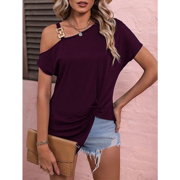 Women's Clothing Summer New Temperament One-Shoulder Button Short-Sleeved T-Shirt Top-image