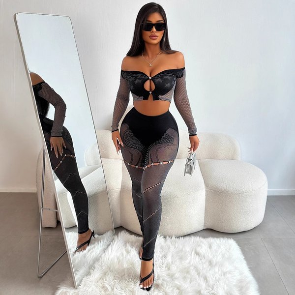 Elegant One-Shoulder Long Sleeve Crop Top & High-Waisted Pants Knit Set With Rhinestone Detail – Sexy Casual Outfit For Women