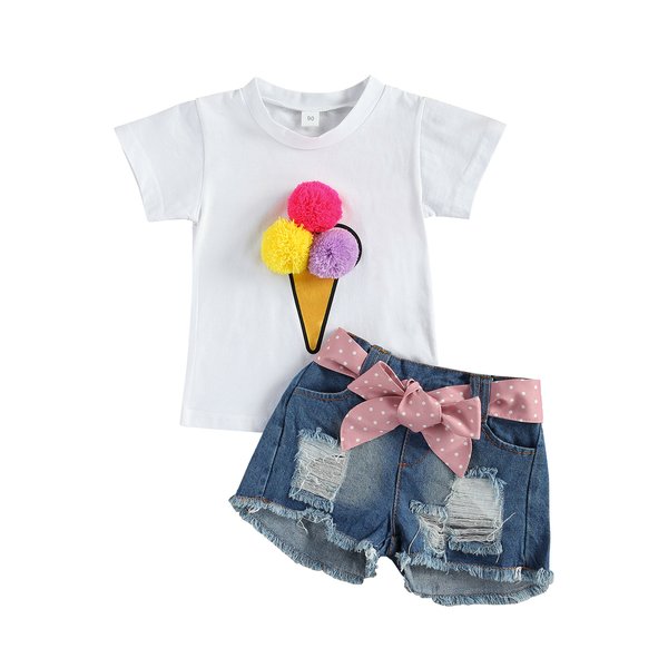 Mother & Kids Foreign Trade Children's Clothing For Girls, White Fur Ball Round Neck Short-Sleeved T-Shirt, Ripped Denim Shorts, Summer Girls Suit-image