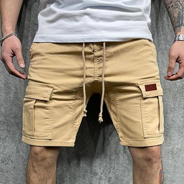 Solid Color Cargo Men Casual Summer Multi Pockets Joggers Mens Drawstring Knee Length Shorts Short Homme-image