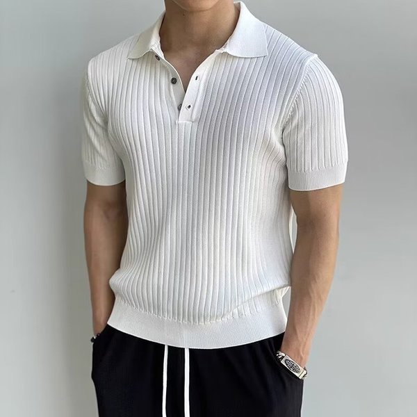 Men's Clothing Knitted Short Sleeved Summer Trendy High End Casual Tops Fashionable Simple Lapel Sweater-image