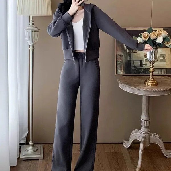 Elegant Beige Women's Tracksuit Set - Stylish Zip-Up Hoodie With Wide-Leg Pants, Autumn Casual Outfit (S-3XL, Gray Option)-image