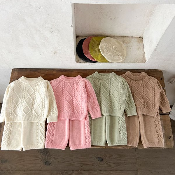 Soft Cotton Diamond Knit Baby Toddler Outfit Set - Long Sleeve Top & Pants (1-3 Years, 80-110cm) - Neutral Unisex Korean Style Winter Wear