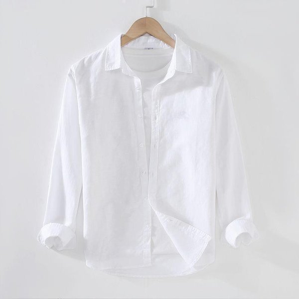 Men's Thin Cotton-Linen Long Sleeve Shirt Casual Loose Fit White Inner Layer Trendy Spring Autumn Shirt-image