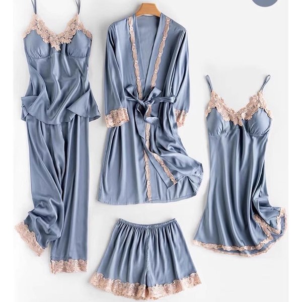 Underwear & Sleepwears Elegant Satin Pajama Set For Women - 5-Piece Sleepwear With Robe, Loungewear & Nightgown, Breathable & Comfortable