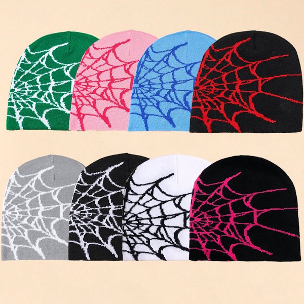 Knitted Beanie Hat With Spiderweb Jacquard Pattern, Winter Warm Fleece Lined Skull Cap, Trendy Unisex Cold Weather Accessory Wind Cooling Hat-image