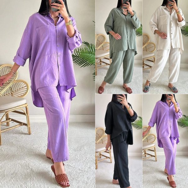 Women's Clothing Summer New Women's Set Large Size Cotton And Linen Shirt Set High Waist Loose Trousers-image