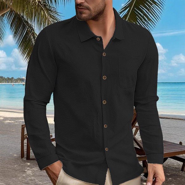 Men's Clothing Hawaiian Style Linen Shirt - Breathable Henley Collar Long Sleeve Casual Shirt For Summer, Lightweight & Wrinkle-Free, Slim Fit-image