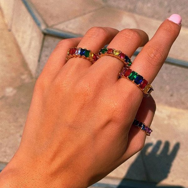 Unisex Jewelry Fashion Diamond Ring Stainless Steel Zircon Rainbow Ring Cross Border Hip Hop Non Fading Men's And Women's Jewelry-image