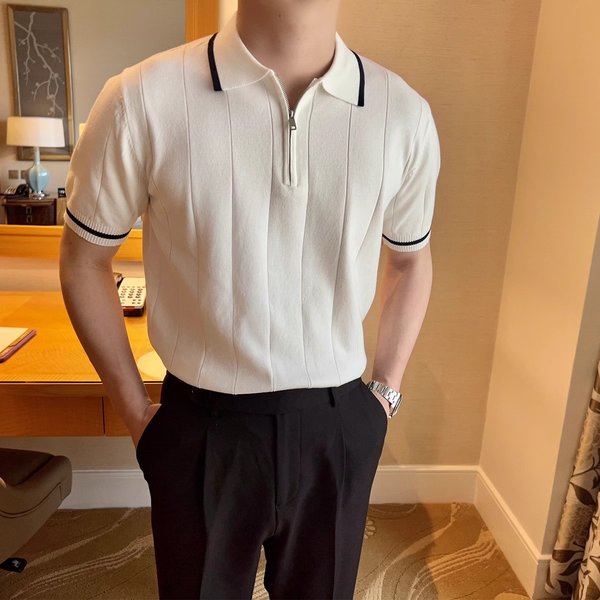 Men's Performance Polo Shirt - Breathable Half-Zip Knit Top With Contrast Collar-image