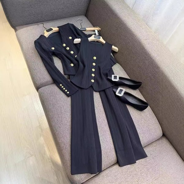 Women's Clothing Neck Metal Button Short Knitted Cardigan + Vest + Wide Leg Pants Set-image