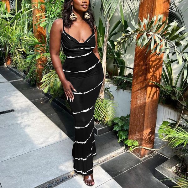 Women's Striped Print Sexy Deep V Halter Dress-image