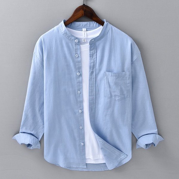 Pulse Pulse Spring Summer Long Sleeve Men Casual Versatile Stand Collar Cotton Linen Shirt Literary Men's Chinese Style Top 202