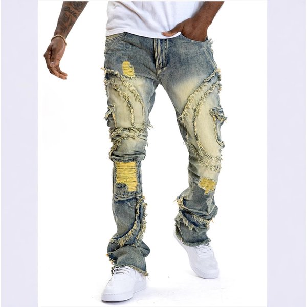 Men's Clothing Men's Ripped Flared Tassel Stretch Jeans New Style-image