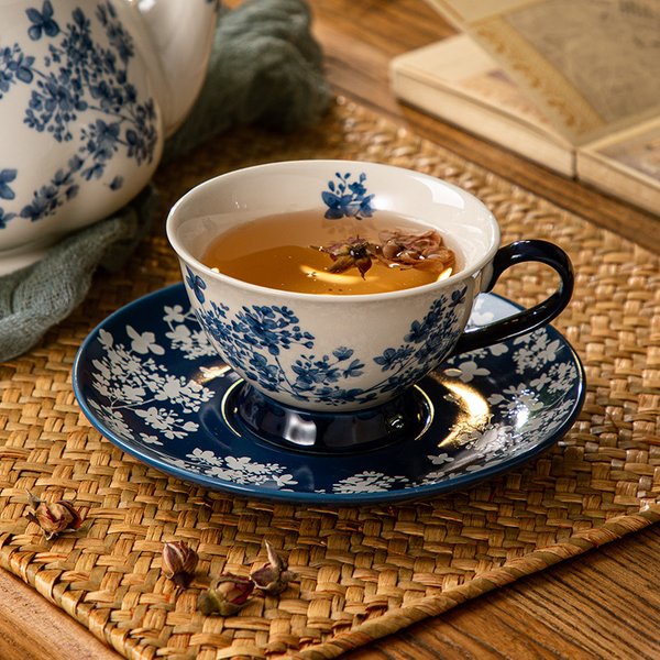 Blue Willow Ceramic Coffee Cup & Saucer Set – Hand-Painted Chinoiserie Floral Design, 220Ml Vintage Tea Cup For Chinese Gongfu Tea & Espresso-image