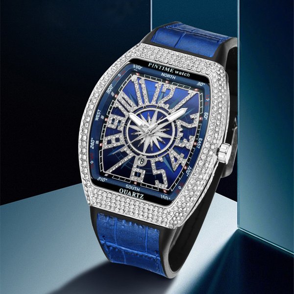 2023 New Hot Selling Pintime Men's Casual Watch Bucket Watch Simple Belt Yacht Diamond Set Vintage Quartz Men's Watch-image