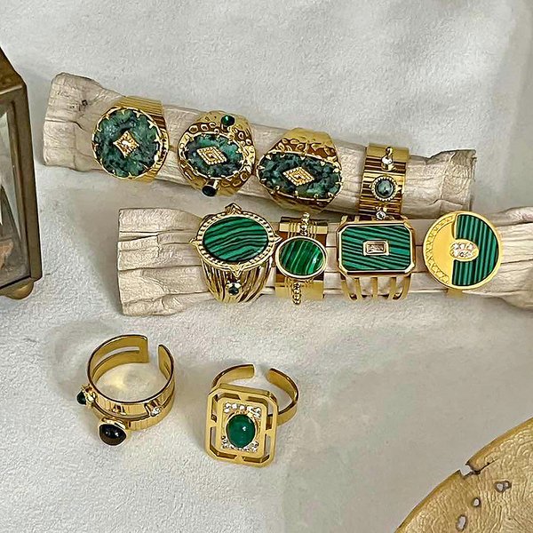 Net-Red Natural Stone Opening Titanium Steel Ring With Non Fading Loose Malachite Niche Bracelet-image