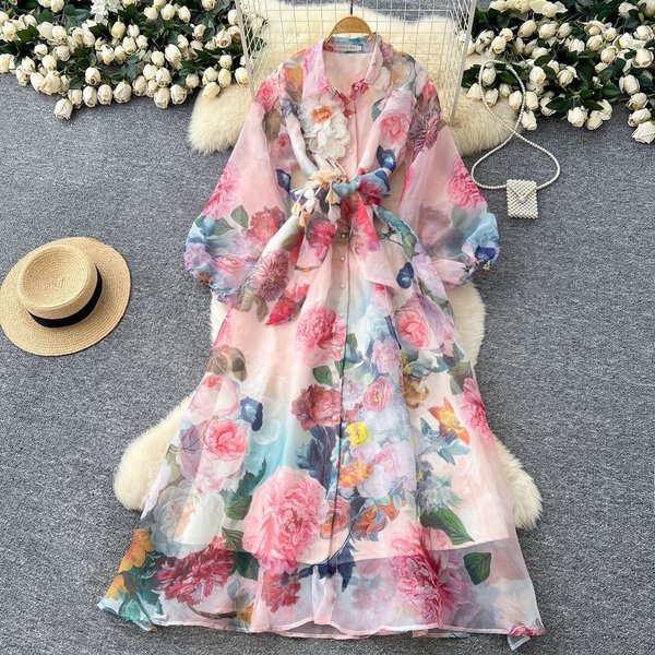 Women's Retro Court Style Long Dress Floral Print Puff Sleeve Tie Waist Beautiful And Ethereal Autumn Dress-image