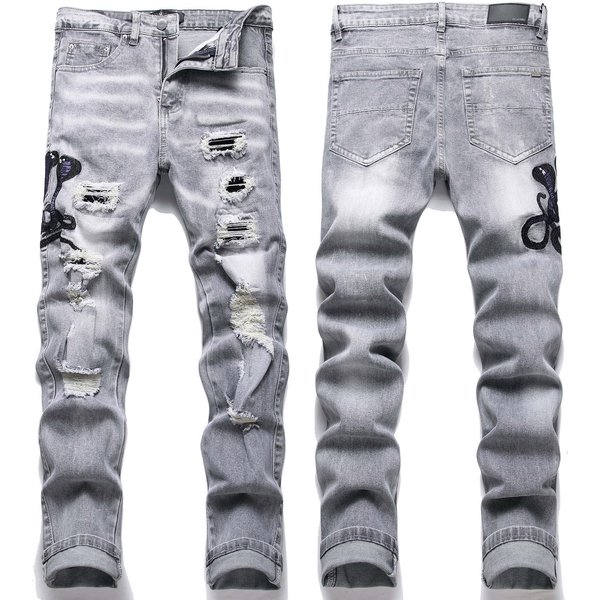 Men's Slim Fit Skinny Jeans Spring Collection Ink Splatter Print Trendy Graffiti Faux Rips Elastic Patches Black Gray Blue Cotton-image