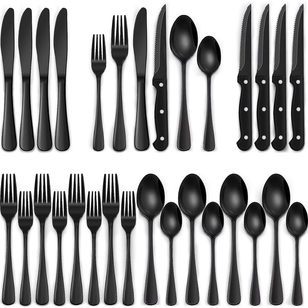 24-Piece Black Silverware Set with Steak Knives, Black Flatware Set for 4, Food-Grade Stainless Steel Tableware Cutlery Set,