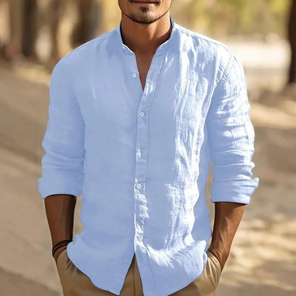 Men's Clothing Men's Cotton And Linen Shirts Holiday Beach Shirts Long Sleeved Solid Color Stand Up Collar Shirts Spring And Summer Casual Daily