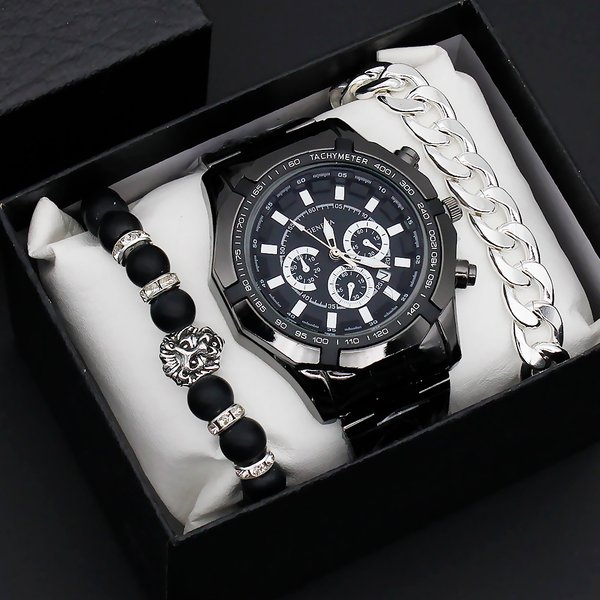 Wriswatch Men New Style Watch Men's Fashion Three Eye Decoration Men's Watch Business Calendar Steel Belt Quartz Watch-image