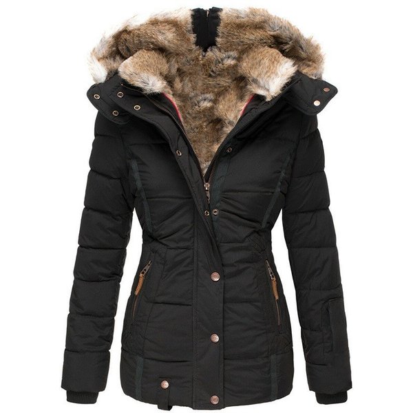 Women's Clothing Winter Warm Fur Collar Cotton Coat Women's Zipper Long Sleeved Slim Hooded Cotton Coat-image