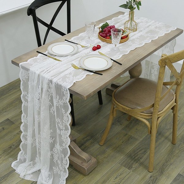 White Lace Table Runner Set - Elegant Cover For Coffee Table Tv Stand Dresser & Shoe Cabinet-image