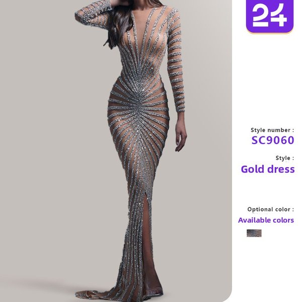 2026 New Spring Cross-Border European And American Fashion Rhinestone Embellished Women's Mesh Sheer Long-Sleeve Slit