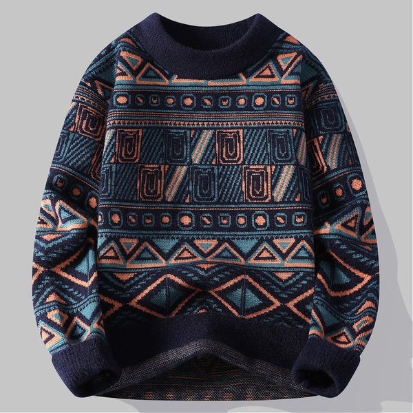 Men's Clothing Winter Fashion Knit Sweater Semi-Turtleneck Pullover With Jacquard Pattern, Breathable & Machine Washable, White/Navy/Green (M-3XL)