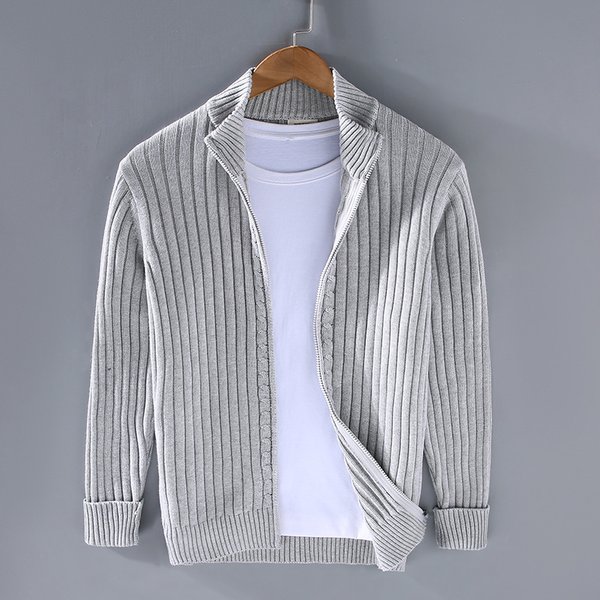 Men's Zip-Up Knit Sweater – Stretchy Cotton, Loose Fit, High Collar, Casual & Warm Pullover (Black, Grey, Navy)-image