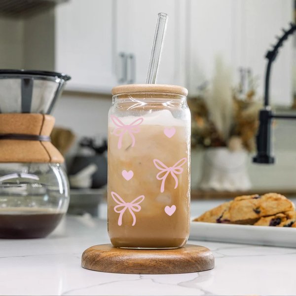 500Ml Modern Straw Cup With Heart Bow – Borosilicate Glass, Bamboo Lid & Curved Straw, Thermal Insulated For Hot/Cold Drinks-image