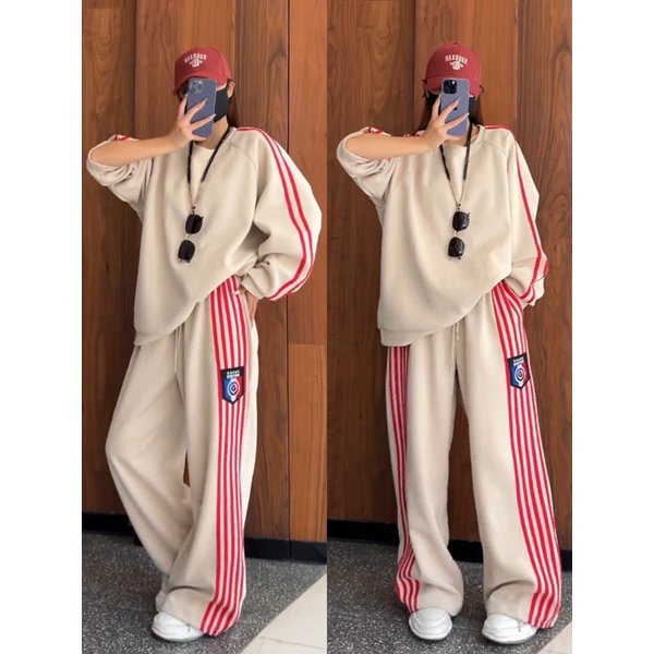 European Fashion Street Style Sportswear Set For Women, Loose Slimming Sweatshirt And Wide-Leg Pants, Casual Two-Piece Set For Spring And Autumn,-image