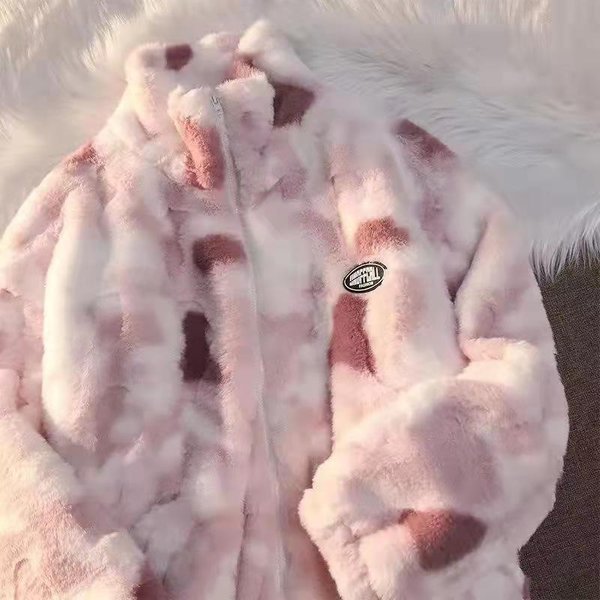 Women's Clothing Tie Dyed Lamb Wool Coat For Women Plush And Thickened New Style Zipper High Collar Home Leisure Fleece Sweater Pajamas-image