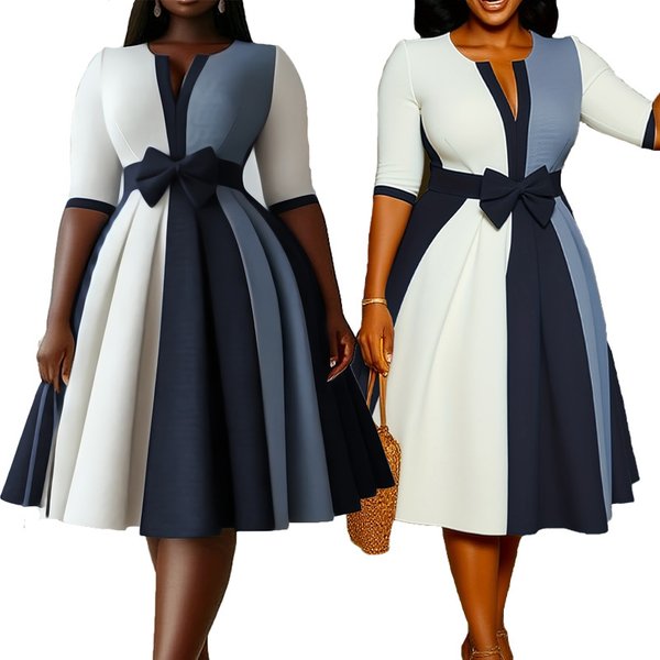 Women's Clothing Retro Color Block V Neck Bow Textured High Quality Slim Waist A Line Pleated Dress-image
