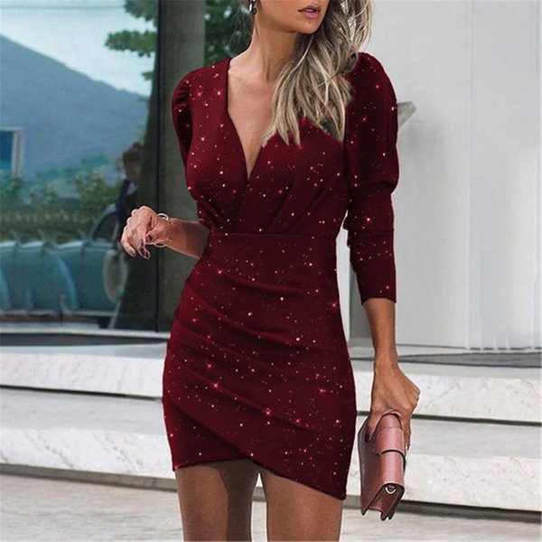 Women Sexy V-neck Long Sleeve 3D Digital Print Fashion Bag Hip Tight Night Club Dress Party Dress