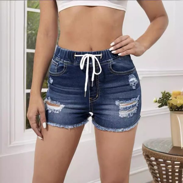 Women's Clothing Denim Shorts Elastic Waist Stretch Jeans Ripped Slim Fit Tassel Sexy Denim Hot Pants