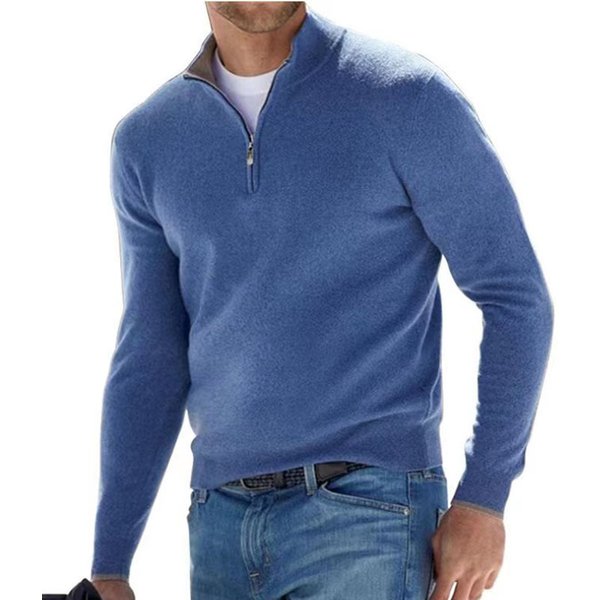 New Spring Season Long Sleeve V-neck Wool Velvet Zipper Men's Casual Top Polo