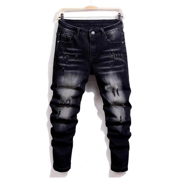 High Street Slim Fit Men's Jeans Ripped Black Trendy Stretch Straight Leg Pants Exclusive